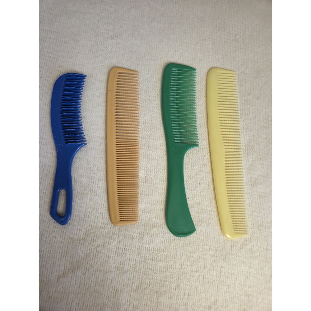 Lot of 4 Vintage Plastic Combs – AJAX Green, Fine‑Tooth & Wide‑Tooth – 1970s–90s
